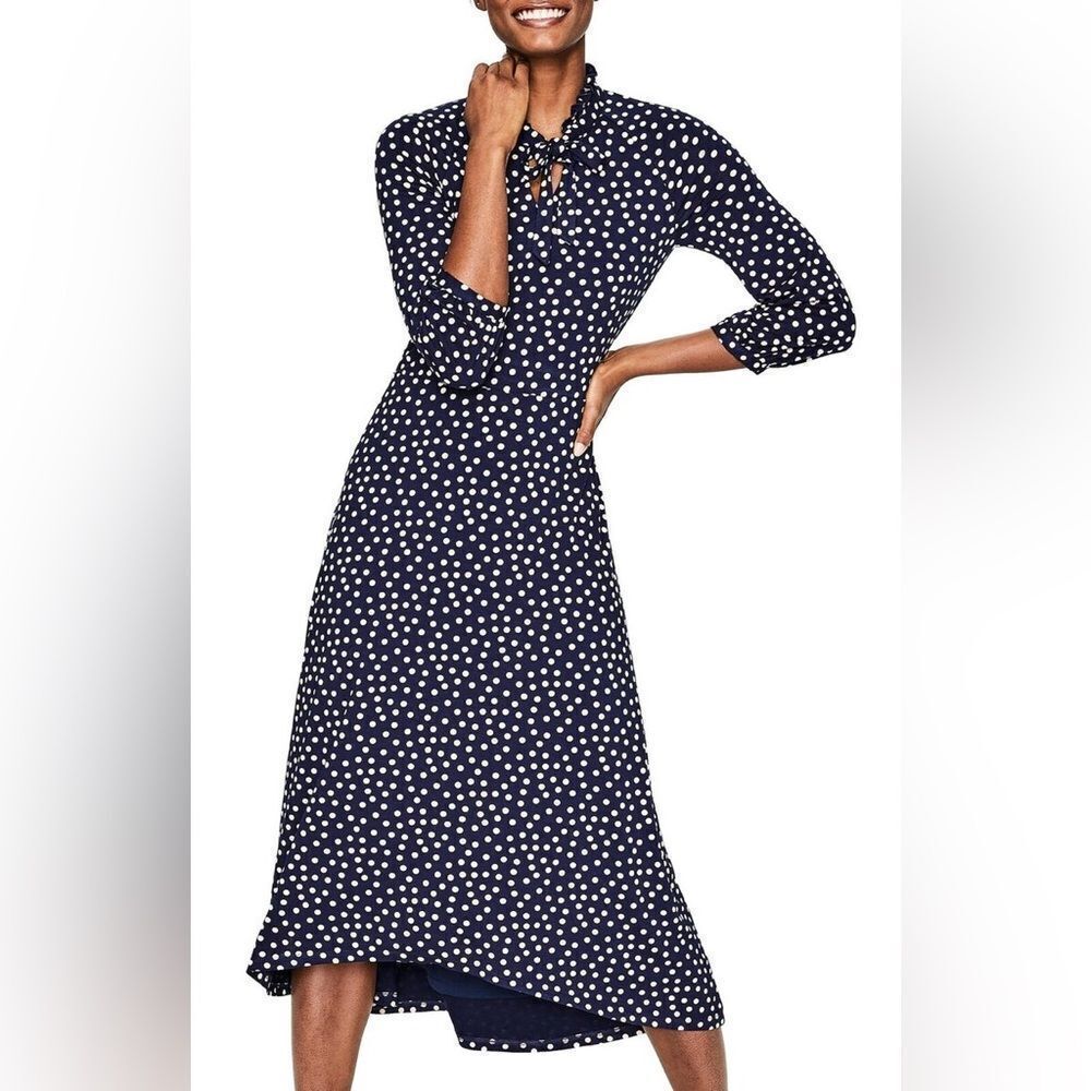 Boden | Navy Polka Dot Dress | Rosa Tie Neck Jersey Dress | size 6